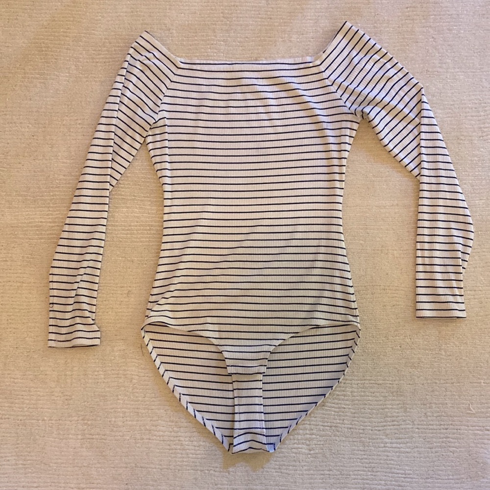 Madewell off the shoulder blue and white stripe body suit